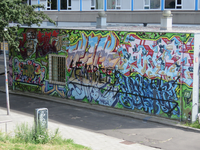 833575 Afbeelding van een wand vol graffiti op een gebouwtje naast de hoogbouw op het studentencomplex IBB (Ina ...